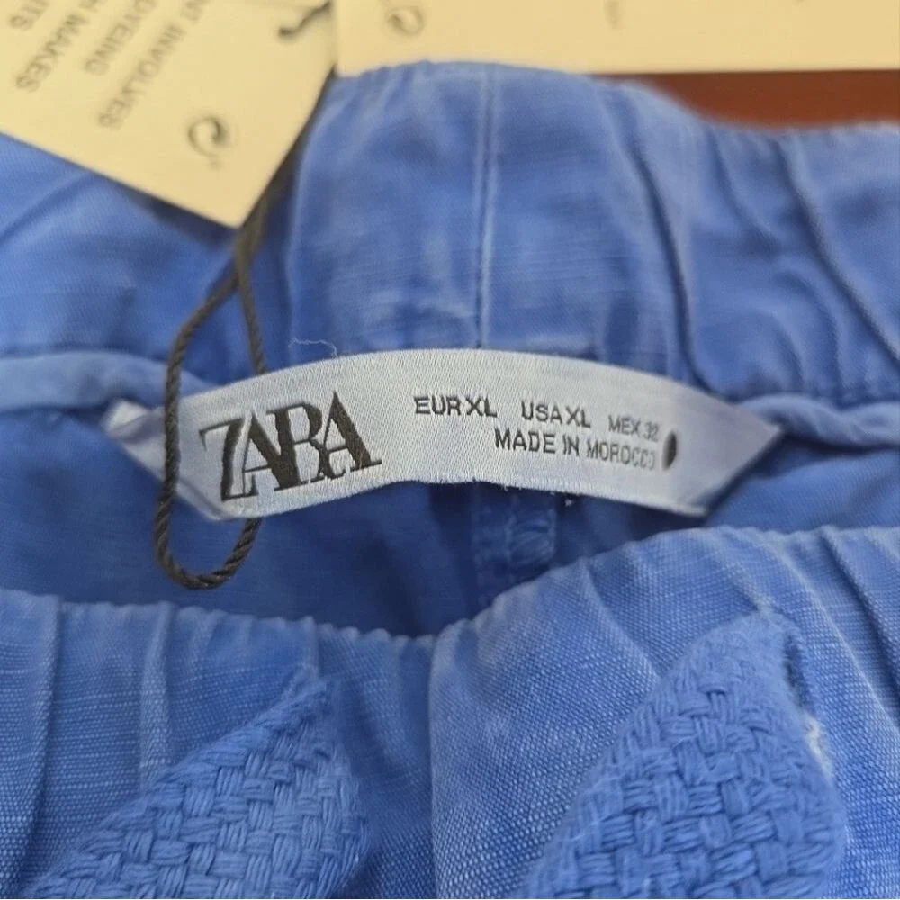 NEW ZARA THE WEEKEND PANT BLUE sz XL LINEN BLEND COASTAL NAUTICAL BEACH PULL ON
